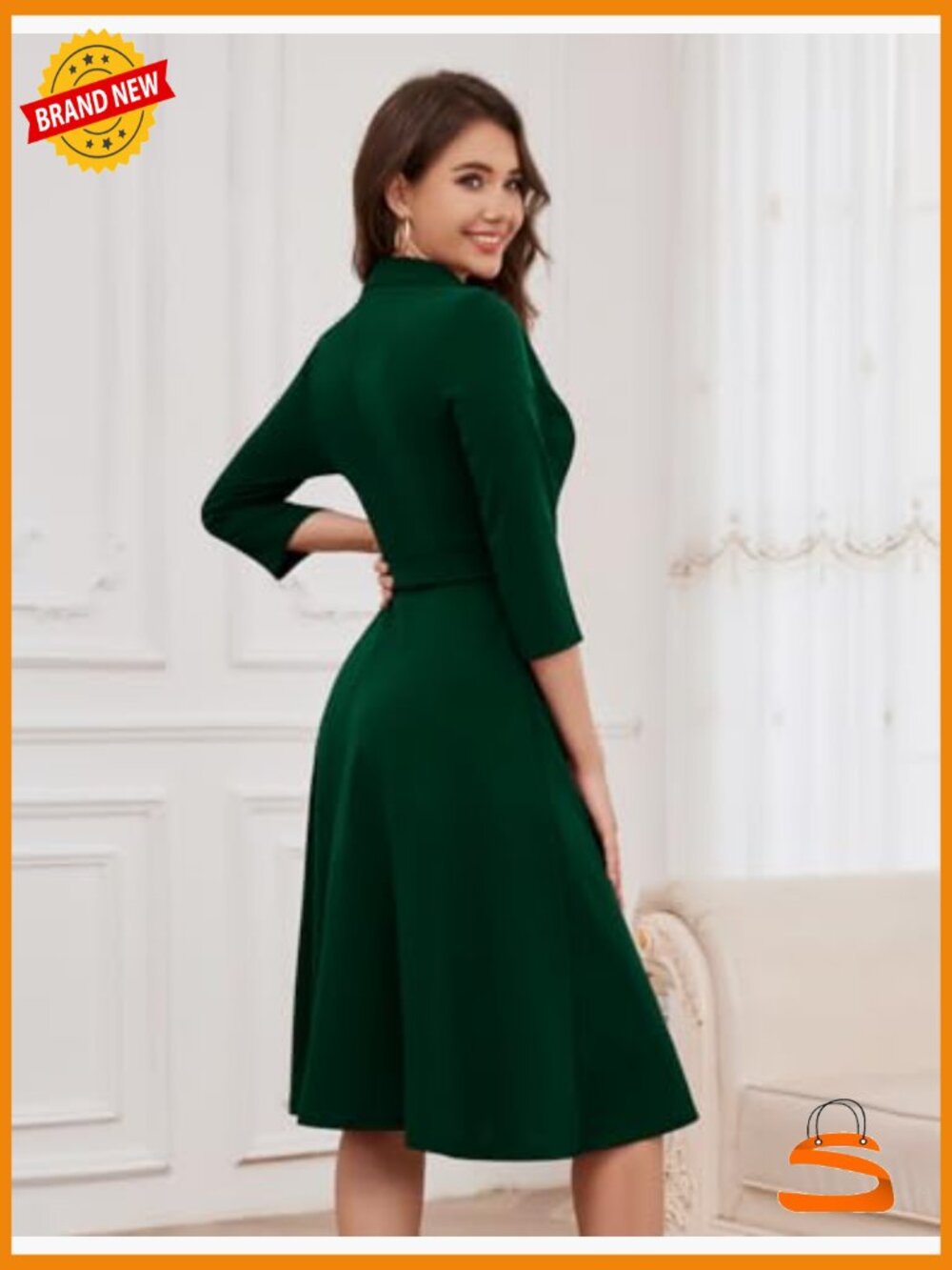Fit and Flare 3/4 Sleeve Vintage Tea Dress Cocktail Party Formal Church Dress - Picture 3 of 7
